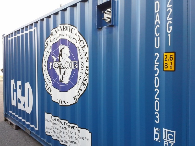 Picture of Shipping container containing the G&O Bioreactor, with the 'Indian National Center for Antarctica and Maritime Research' Logo